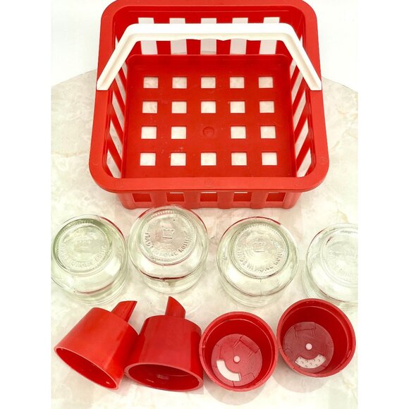 Vintage 70s condiment caddy, picnic plastic and glass dispensers - Picture 6 of 10